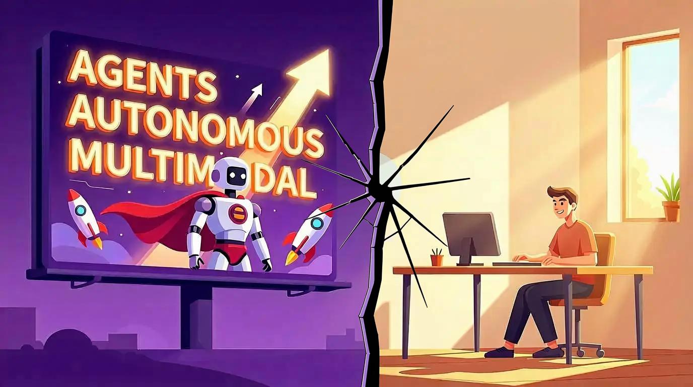 En spricka med AI-hype, robotar och raketer på ena sidan och en vanlig användare på andra.