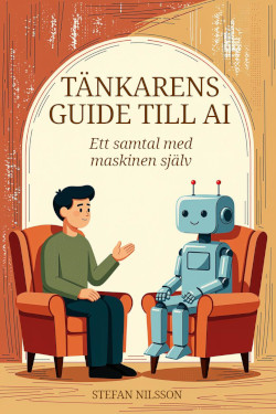 Bokomslag med en människa och en maskin i öronlappsfåtöljer.